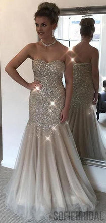 Sweetheart Long Mermaid Rhinestone Beaded Prom Dresses, PD0867