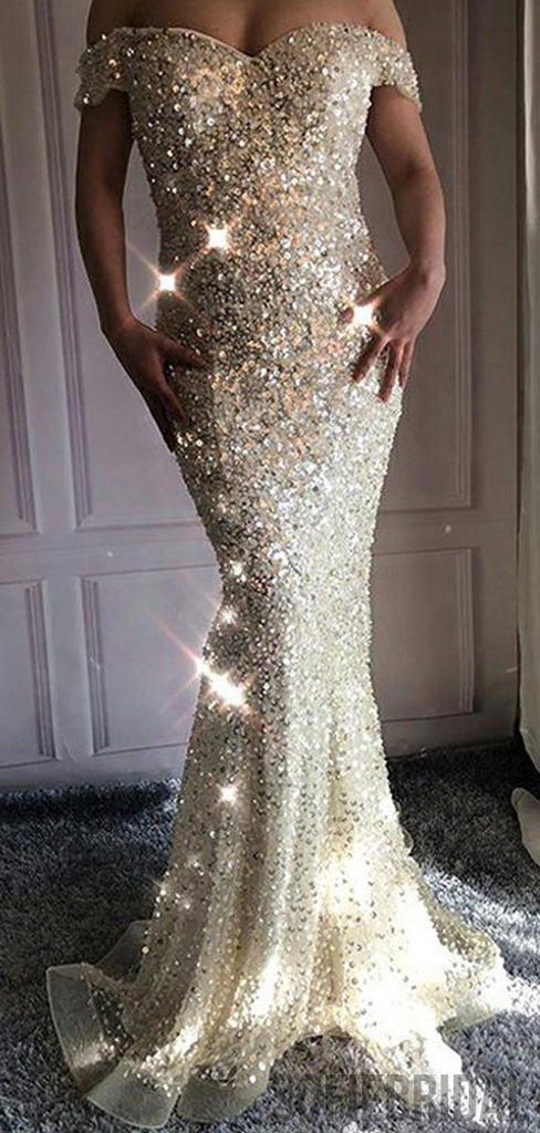 Off Shoulder Long Mermaid Sequin Tulle Prom Dresses, PD0956