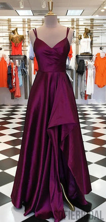 Long A-line Hi-low Plum Satin Prom Dresses, Formal Dresses, PD0886