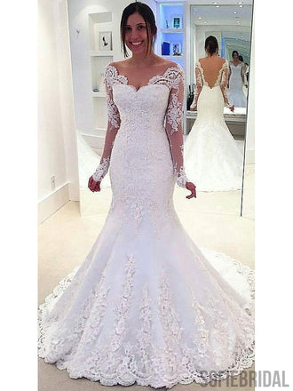 Long Sleeve Off Shoulder Mermaid Lace Custom Wedding Dresses Online, WD349