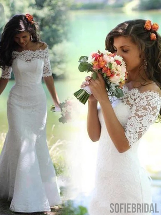 Off Shoulder Lace Long Sleeve Mermaid Wedding Dresses Online, WD364