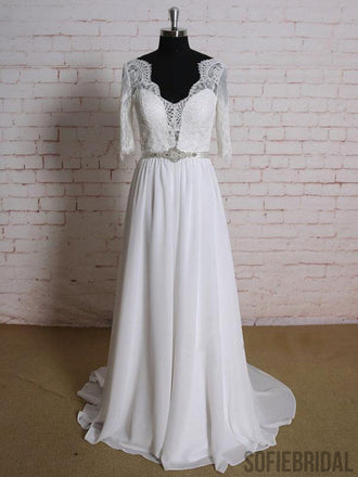 Long Sleeves Lace Cheap Beach Wedding Dresses Online, WD378