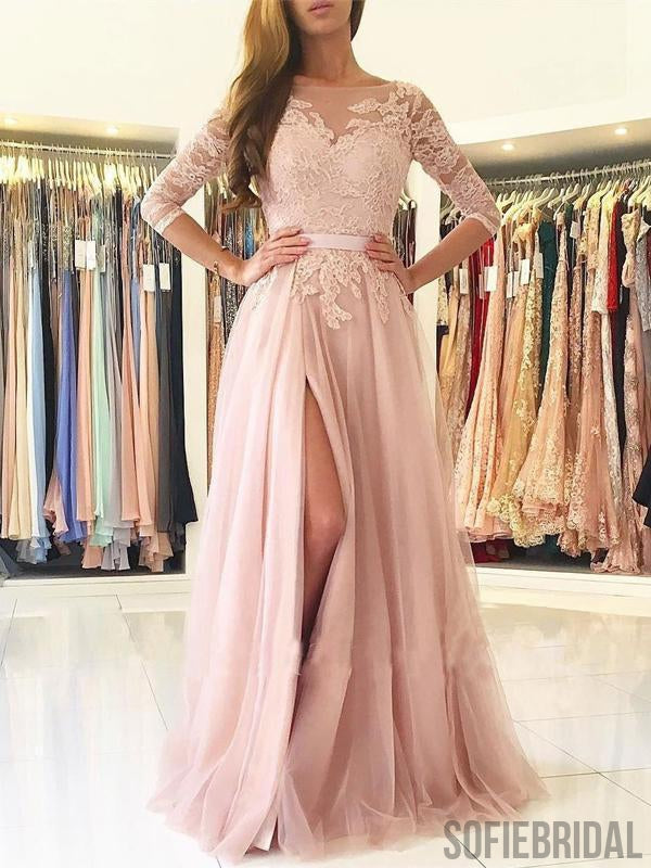 Blush Pink Lace Prom Dresses, Side Slit Prom Dresses, Half Sleeves Prom Dresses, PD0657