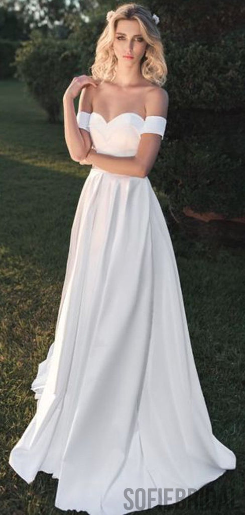Off Shoulder Long A-line Satin Simple Wedding Dresses, WD0302