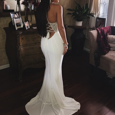 Spaghetti Long Mermaid Ivory Beaded Prom Dresses, Sexy Long Prom Dresses, PD0736