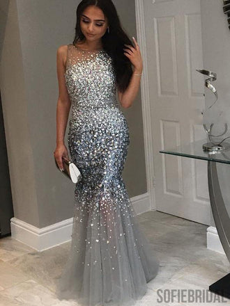 Gorgeous Silver Rhinestone Mermaid Prom Dresses, Sleeveless Prom Dresses, PD0766