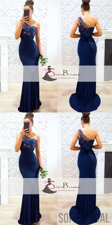 One Shoulder Navy Mermaid Bridesmaid Dresses, Lace bridesmaid Dresses, Long Bridesmaid Dresses, PD0501