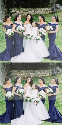 Off Shoulder Navy Bridesmaid Dresses, Mermaid Bridesmaid Dresses, Long Bridesmaid Dresses, WG108