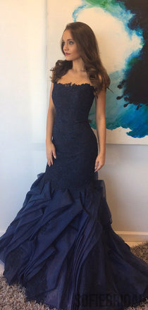 Sleeveless Long Mermaid Navy Lace Beaded Prom Dresses, PD0945