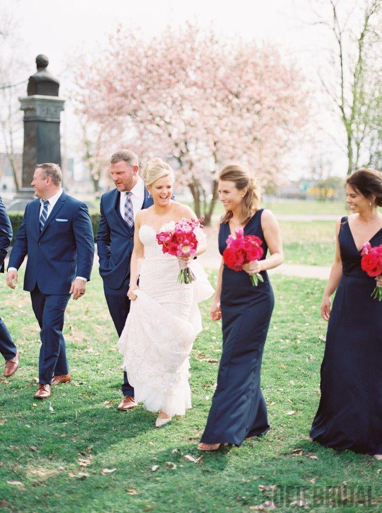 Sheath V-neck Floor-length Navy Blue Simple Bridesmaid Dresses, BD0570