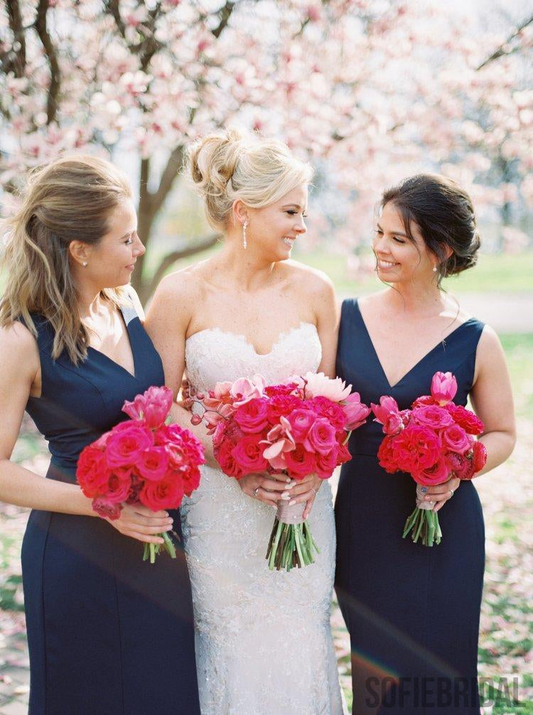 Sheath V-neck Floor-length Navy Blue Simple Bridesmaid Dresses, BD0570