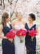 Sheath V-neck Floor-length Navy Blue Simple Bridesmaid Dresses, BD0570