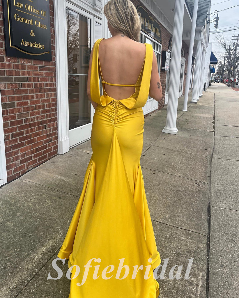 Sexy Soft Satin Spaghetti V-Neck Sleeveless Open Back Side Slit Mermaid Long Prom Dresses,PD0780