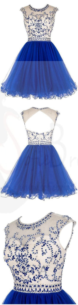 Sexy Open back Royal Blue Short Tulle homecoming prom dresses, CM0008