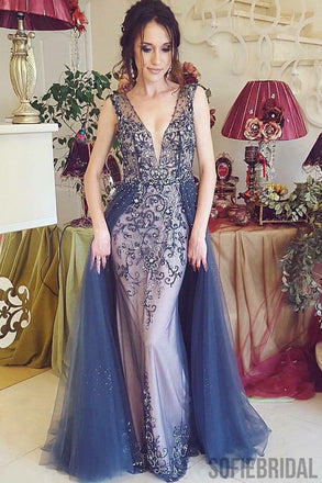 Plunging V-neck Rhinestone Beaded Prom Dresses With Tulle Skirt, PD0796