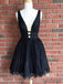 A-line Deep V-neck Sleeveless Full Lace Black Homecoming Dresses, HD0107
