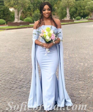 Elegant Soft Satin Off Shoulder Long Sleeve Side Slit Mermaid Floor Length Bridesmaid Dressses With Applique,SFWG00474