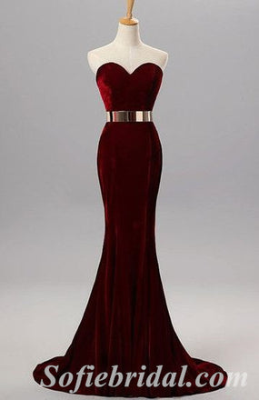 Sexy Burgandy Velvet Sweetheart Sleeveless Mermaid Long Prom Dresses With Metal Belt,SFPD0427