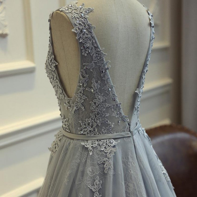 A-line Lace Appliques Sleeveless V-back Long Prom Dress, PD0010