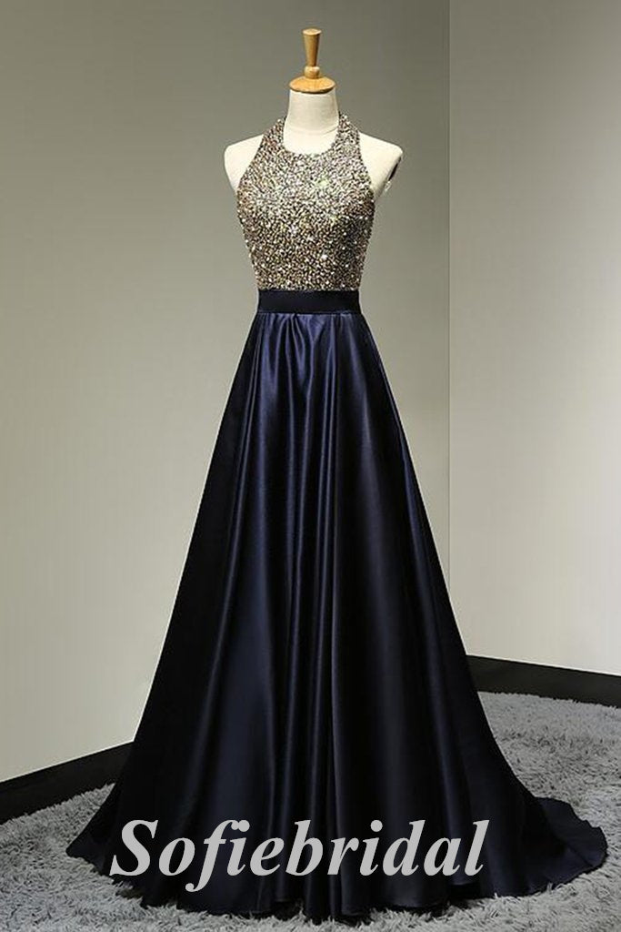 Sexy Sequin And Satin Halter Sleeveless Backless A-Line Long Prom Dresses, PD0858