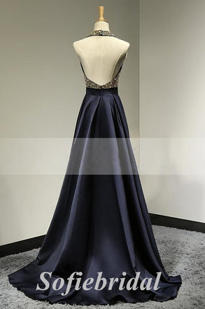 Sexy Sequin And Satin Halter Sleeveless Backless A-Line Long Prom Dresses, PD0858