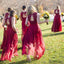 Long Red Lace Top V-Neck Long A-line Chiffon Bridesmaid Dresses, PD0298