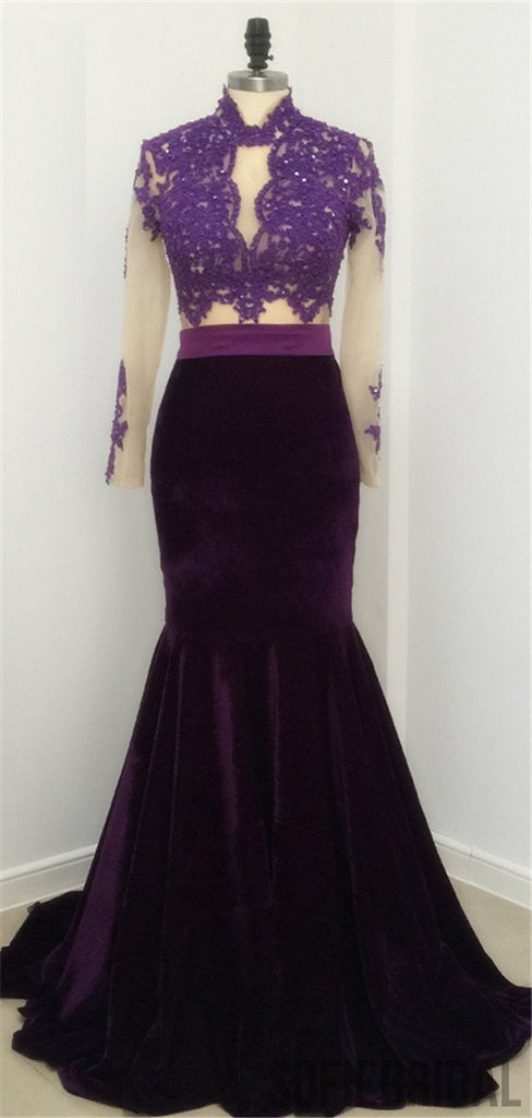 Mermaid High Neck Long Sleeves Purple Prom Dress, PD0999