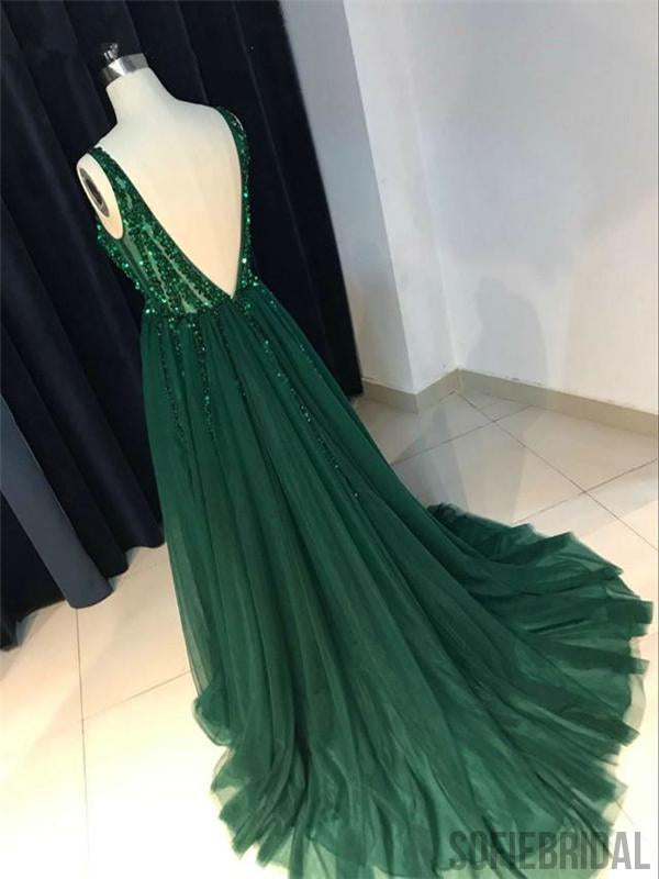 V-neck Green Sequin Tulle Prom Dresses, Lovely Prom Dresses, Prom Dresses, PD0594