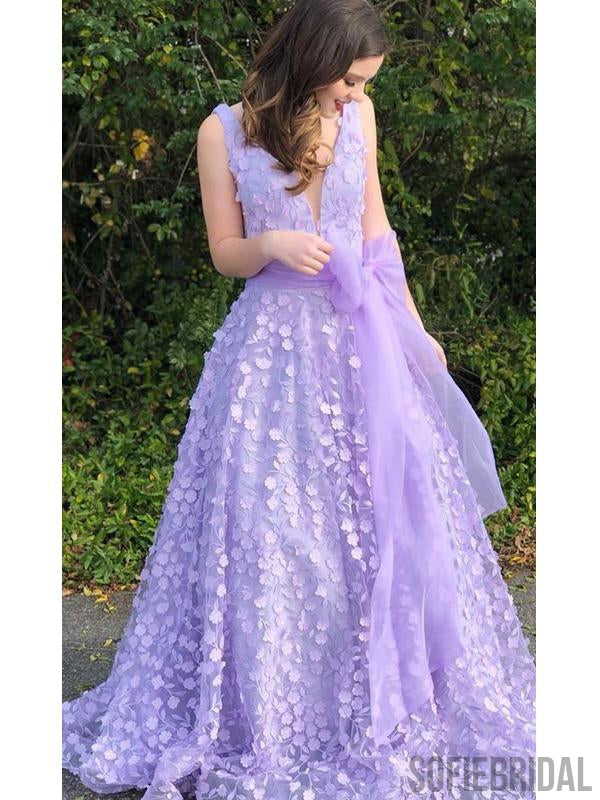 V-neck Light Purple Lace Organza Prom Dresses, PD0958