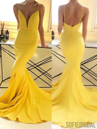 Spaghetti Long Mermaid Yellow Cheap Prom Dresses, PD0831