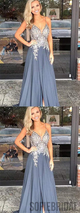 Spaghetti Lace Prom Dresses, A-line Side Slit Prom Dresses, Cheap Prom Dresses, PD0671