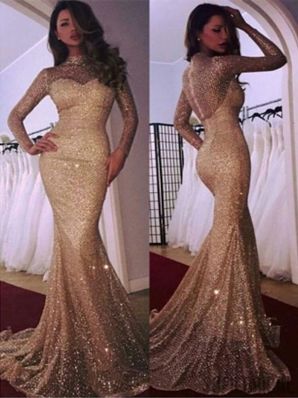 High Neck Long Sleeves Mermaid Sparkle Prom Dresses, PD0788