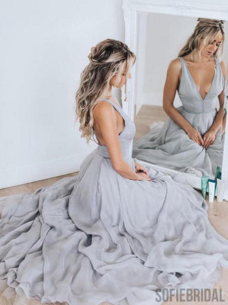 Light Grey V-neck A-line Chiffon Long Prom Dresses, Popular Prom Dresses, PD0744