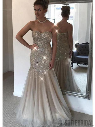 Sweetheart Long Mermaid Rhinestone Beaded Prom Dresses, PD0867