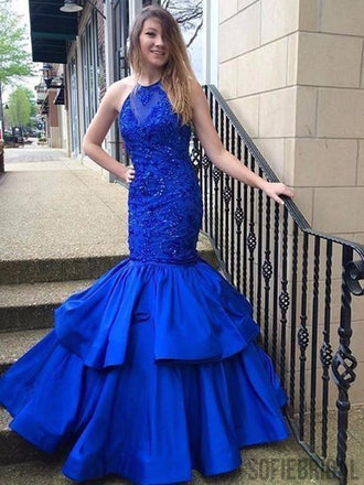 Halter Long Mermaid Royal Blue Satin Lace Beaded Prom Dresses, PD0890