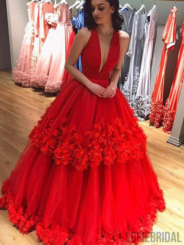 Deep V-neck Red Floral Long A-line Ball Gown, Prom Dresses, PD0963