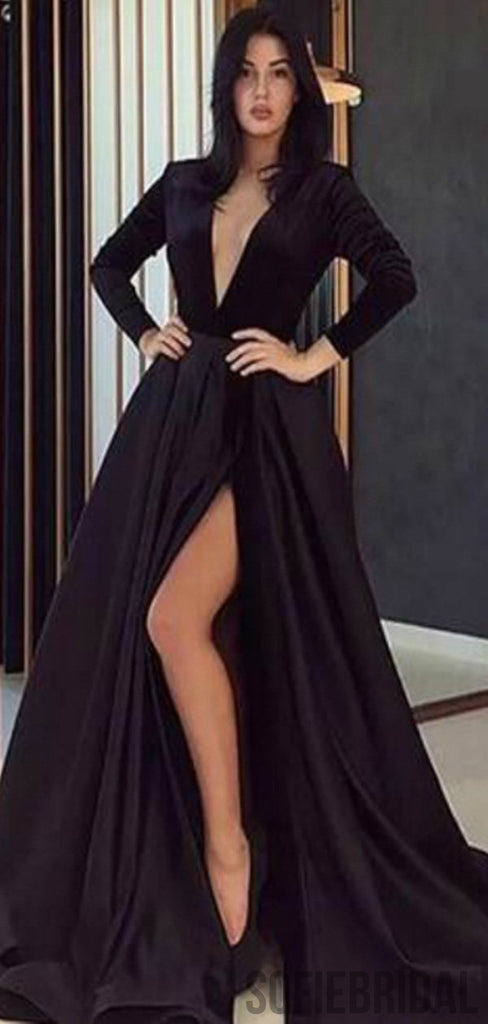 Long Sleeves V-neck Black Long A-line Prom Dresses, Side Slit Satin Prom Dresses , PD0761