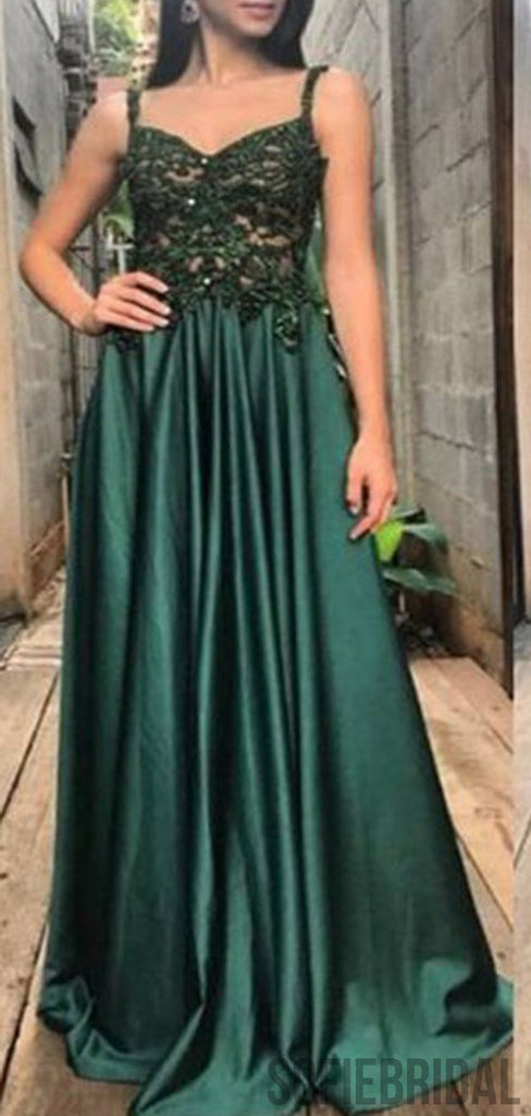 Straps Emerald Lace Long Satin A-line Prom Dresses, PD0830