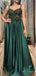 Straps Emerald Lace Long Satin A-line Prom Dresses, PD0830