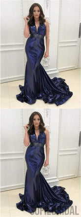 V-neck Sequin Prom Dresses, Navy Prom Dresses, Mermaid Prom Dresses, Prom Dresses, PD0607