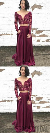 2 Pieces Prom Dresses, Long Sleeves Prom Dresses, Cheap Long Prom Dresses, PD0672