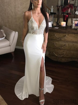 Spaghetti Long Mermaid Ivory Beaded Prom Dresses, Sexy Long Prom Dresses, PD0736