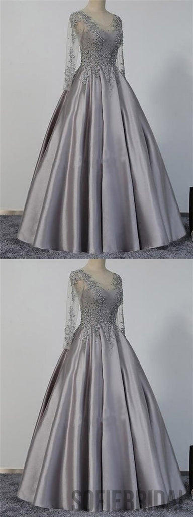 Long Sleeves Prom Dresses, Grey Prom Dresses, Satin Prom Dresses, Beaded Prom Dresses, PD0682