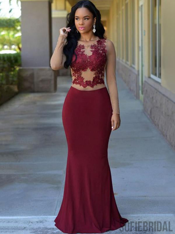 Long Sleeves Dark Red Lace Mermaid Jersey Prom Dresses, PD0982
