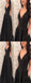 Spaghetti Black Satin Prom Dresses, V-neck Prom Dresses, Long Prom Dresses, Prom Dresses, PD0597