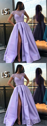 Short Sleeve Prom Dresses, Beaded Satin Prom Dresses, Cheap Prom Dresses, PD0673