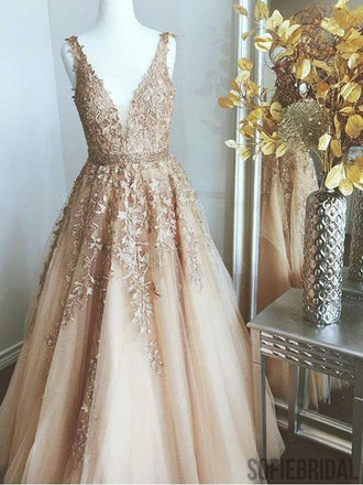 V-neck Long A-line Tulle Lace Beaded Prom Dresses, PD0961