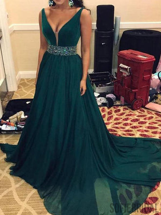 V-neck Long A-line Beaded Emerald Green Chiffon Prom dresses, PD0985