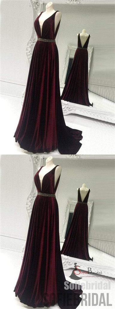 V-neck Velvet Prom Dresses, Beaded Prom Dresses, A-line Prom Dresses, Cheap Prom Dresses, PD0652