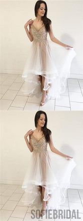 V-neck Beaded Rhinestone Prom Dresses, Hi-low Prom Dresses, Newest Prom Dresses, PD0634